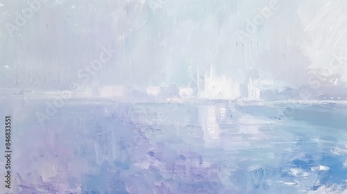 An abstract painting using pastel blue, purple, white, colors.