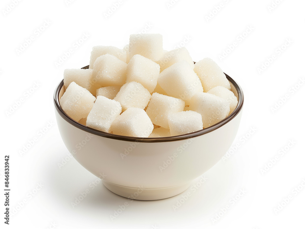 Bowl of sugar cubes on a white background. Created with Generative AI technology. Bowl of sugar cubes on a white background. Created with Generative AI technology.
