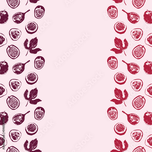Tropical banner template with hand drawn granadilla frame. Passion fruit seamless pattern. Vector passion fruit background. Exotic fruits.