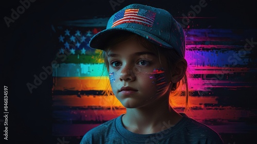 A young boy wearing a baseball cap with an American flag on it. His face is painted with the colors of the American flag. He is standing in front of an American flag that is lit up with rainbow colors