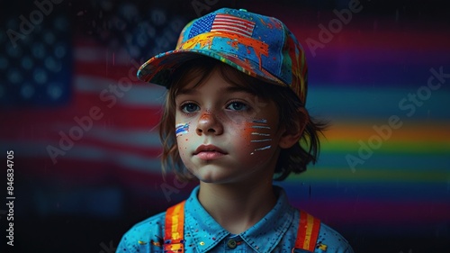 A young boy is wearing a rainbow-patterned American flag baseball cap and an orange shirt with rainbow suspenders. He has face paint on his cheeks in the pattern of the American flag.