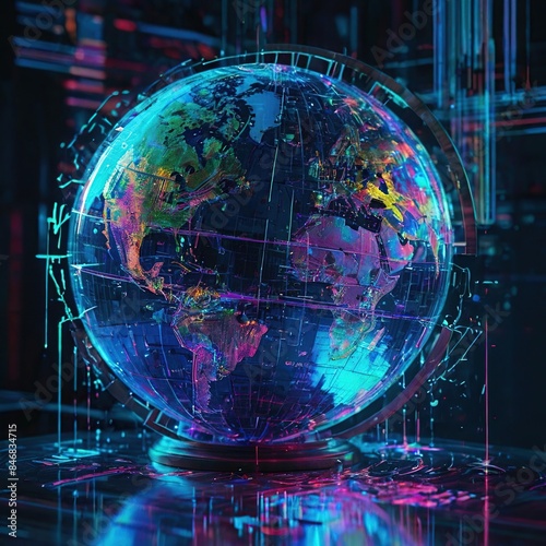 A glowing blue and purple globe sits on a reflective surface. Continents are visible on the globe, outlined in various colors.