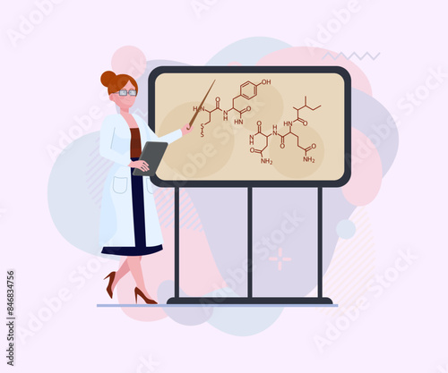 Female scientist presenting research results. Presentation of molecule structure, chemical reaction flat vector illustration. Science, study concept for banner, website design or landing page