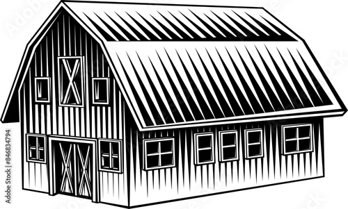 A farm barn rural building drawing illustration in vintage woodcut style