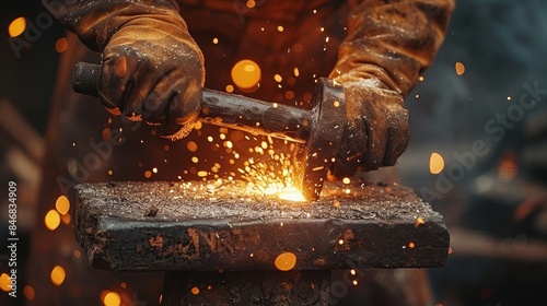 A blacksmith in action, the image captures a moment of pure craftsmanship with metal sparks flying around