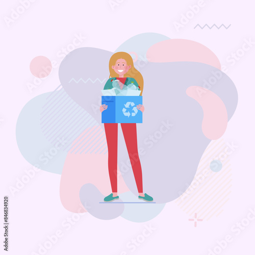 Female volunteer collecting garbage. Girl holding box with plastic trash flat vector illustration. Waste sorting, rubbish, ecology concept for banner, website design or landing page