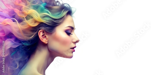 Beautiful Girl in profile with wavy hair of multi-colored smoke