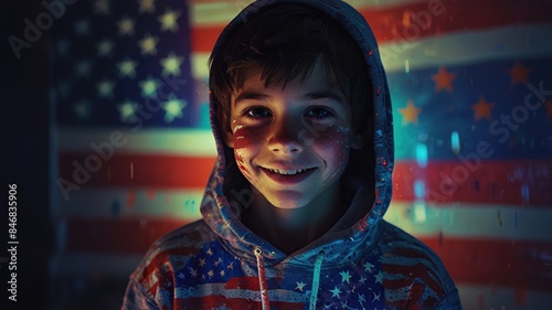 A young boy is smiling in front of an American flag. He has face paint on his cheeks in the shape of American flag. He is wearing a gray zip-up hoodie with an American flag pattern.