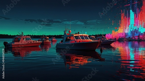 There are several boats on a lake at night. The boats are red and white with bright lights reflecting on the dark water. There is an orange and blue light in the background.