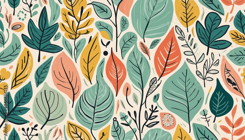 A transparent and abstract botanical art background featuring a vibrant and colorful freehand collage of plant leaves in a vintage pastel palette photo