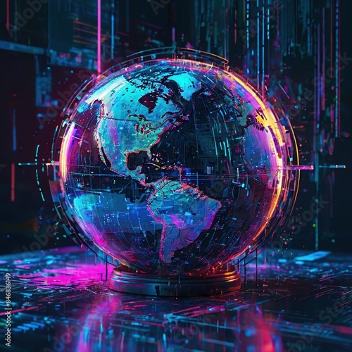 A glowing blue and purple globe of the Earth with a circuit board background.