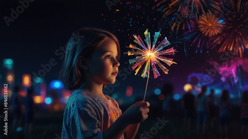 A young girl is holding a sparkler and watching fireworks in the night sky.