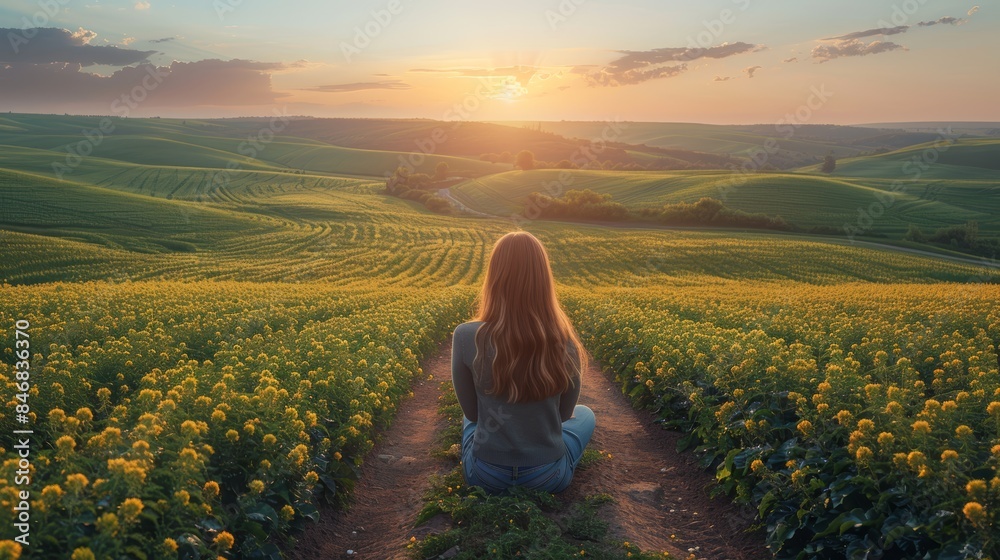Fototapeta premium A woman sits on a hilltop overlooking a vast field of yellow flowers as the sun sets in the distance.