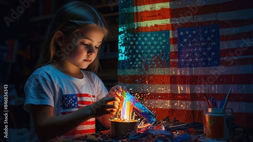 A young girl is sitting at a table, holding a lit sparkler. There is an American flag hanging behind her.