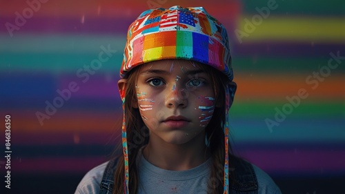 A young person is wearing a rainbow-colored hard hat and face paint with an American flag design. They are standing in front of a rainbow-colored background.