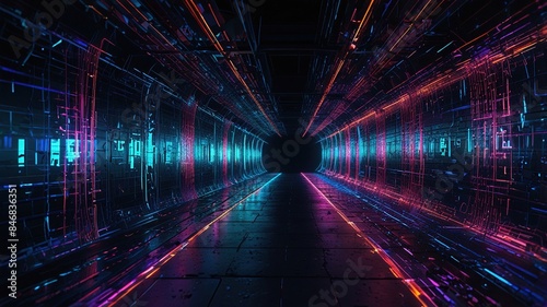 The image is of a dark tunnel with bright blue and pink lights on either side.