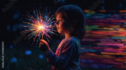 A young girl is holding a firework in her hand. It is dark outside and the firework is lit, creating a colorful blur of light in the background.