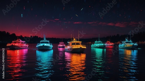There are seven boats on a lake at night. The boats are lit up with different colored lights, and the water reflects the colors. The sky is dark, and there are stars in the sky.