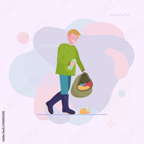 Male volunteer collecting garbage. Boy picking plastic bottle flat vector illustration. Waste sorting, rubbish, ecology concept for banner, website design or landing page