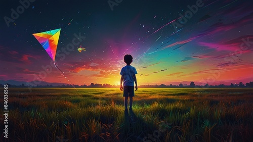 A boy is flying a kite in a field at sunset. The kite is high in the air and the boy is holding the string. The sky is a bright orange and yellow color and there are some clouds in the sky. The boy is