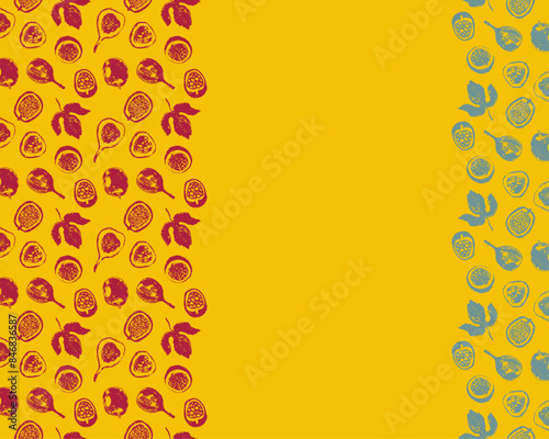 Tropical banner template with hand drawn granadilla frame. Passion fruit seamless pattern. Vector passion fruit background. Exotic fruits.