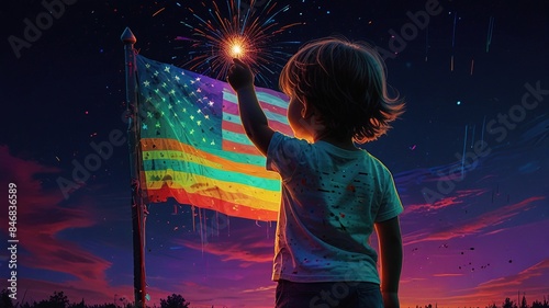 A young boy is holding an American flag that has rainbow colors in the stripes. He is looking up at the flag in wonder as it billows in the wind.