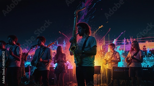 A group of people are playing music in a dark place. The image is colorful and looks like a concert.