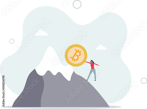 Pushing Bitcoin prevent from price falling down, cryptocurrency risk, fluctuation or volatility, crypto crisis or panic sales concept.flat illustration.