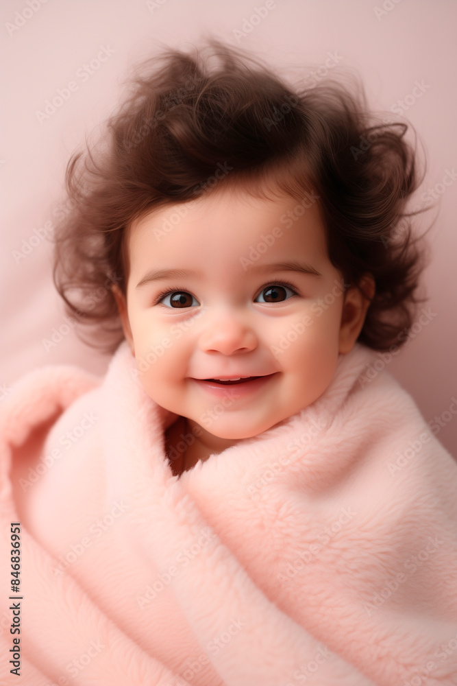 happy smiling girl baby in light pink plain blanket, studio background happy smiling girl baby in light pink plain blanket, studio background