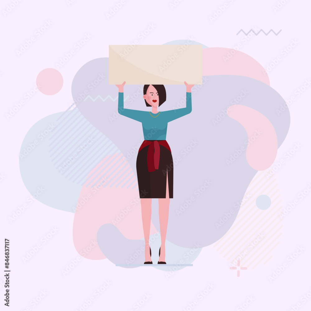 Obraz premium Pretty woman standing with placard. Activist, protester, picket flat vector illustration. Activism, crisis, conflict, protest concept for banner, website design or landing page