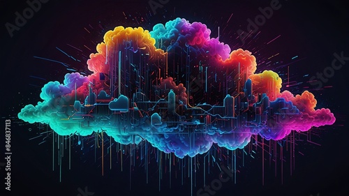 This is a digital painting of a city inside a rainbow-colored cloud.