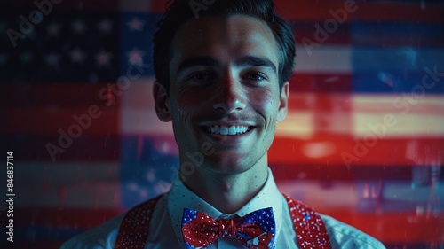 This is a picture of a young man smiling. He is wearing a red, white, and blue bow tie and suspenders. There is an American flag in the background.