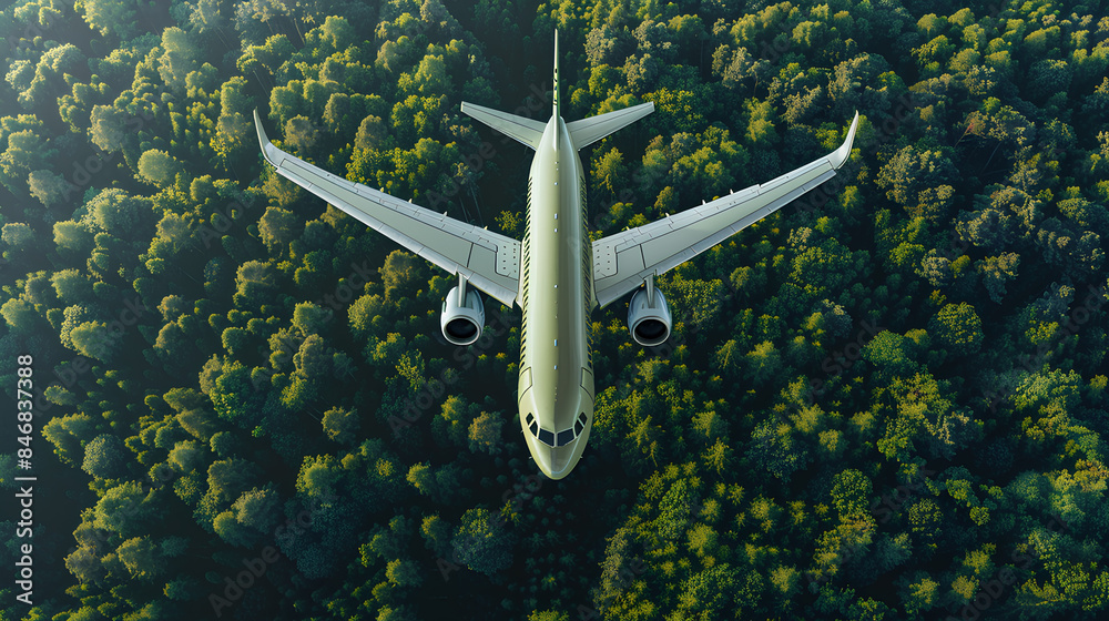 Naklejka premium Sustainable aviation fuel concept of flight running on biofuel green energy. A light green plane flies over the forest