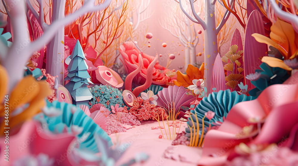 Fototapeta premium 紙で作られた夢の中のファンタジー森