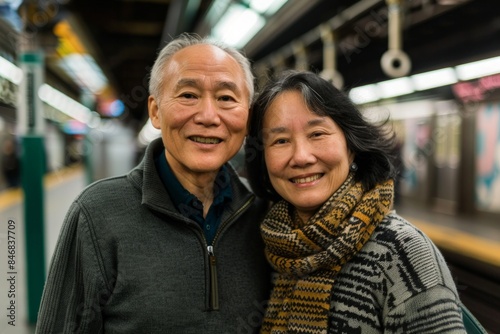 Portrait of a happy asian couple in their 60s dressed in a warm wool sweater over bustling city subway background