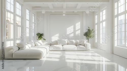 Minimalist white decor in a spacious  bright room with sleek furniture and clean lines