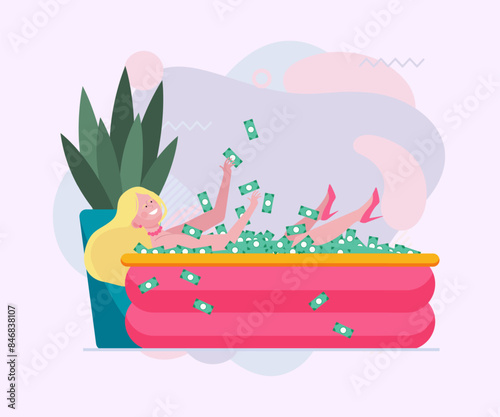 Woman having cash bath. Pool of money, wealth, rich flat vector illustration. Business success, prize, millionaire concept for banner, website design or landing page