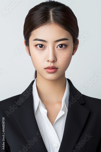 Corporate Grace: Showcasing a full-face, no-crop image of a Pretty Young Chinese Super Model in a modern business suit and sleek hairstyle, projecting confidence for corporate campaigns