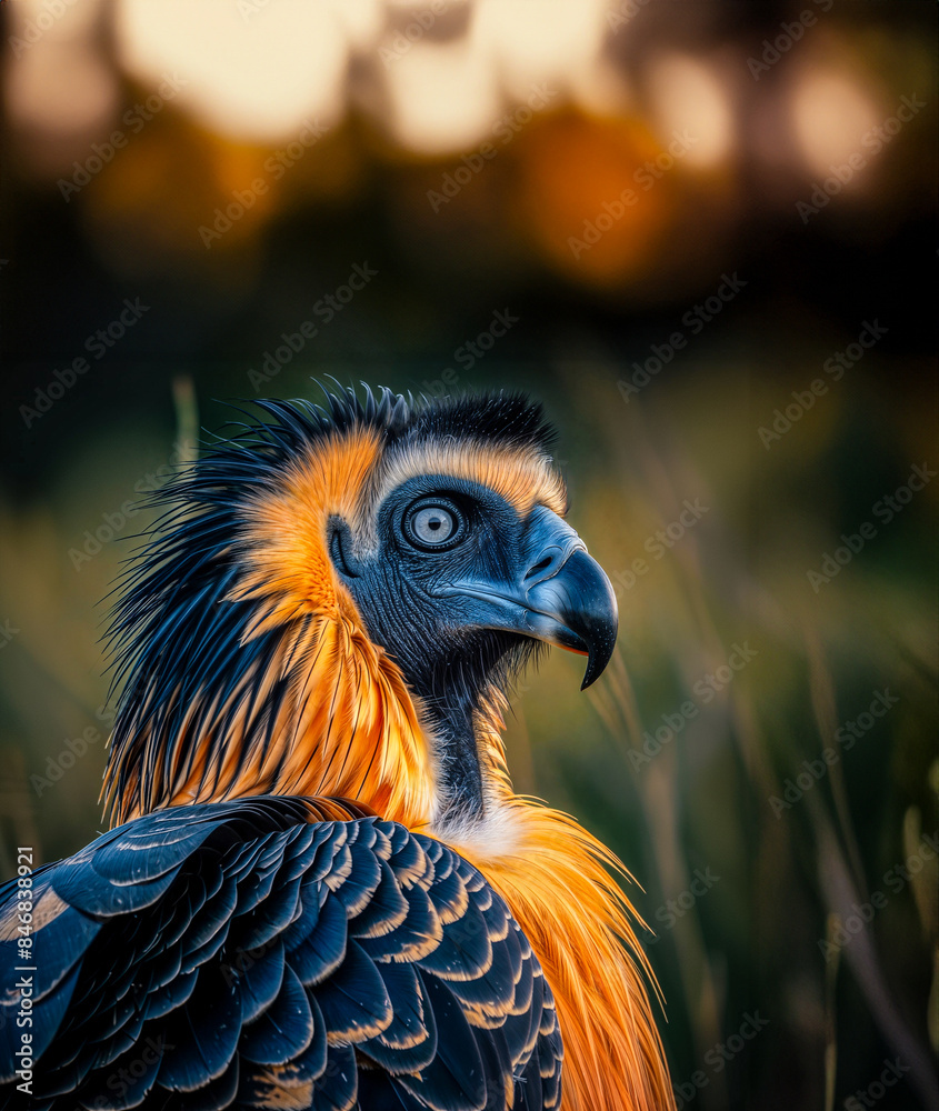 Fototapeta premium Giant bird of prey with orange and black plumage in a field