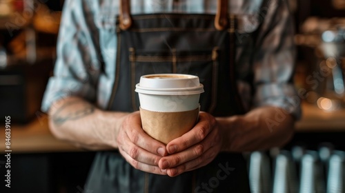 A man wearing an apron holds a coffee cup with a white lid