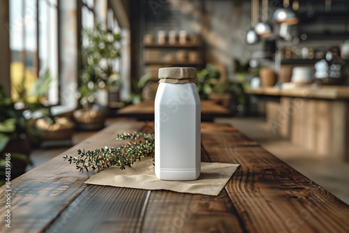 Mock-up of a milk carton in a rustic style on a table in the interior