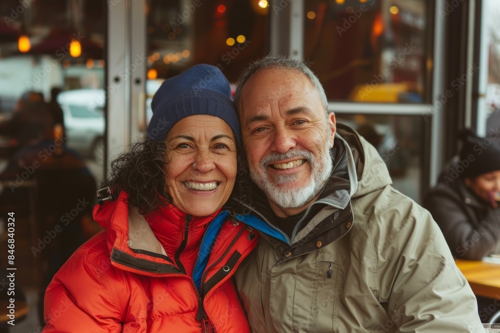 Portrait of a cheerful multiethnic couple in their 40s wearing a functional windbreaker isolated on bustling restaurant background Portrait of a cheerful multiethnic couple in their 40s wearing a functional windbreaker isolated on bustling restaurant background