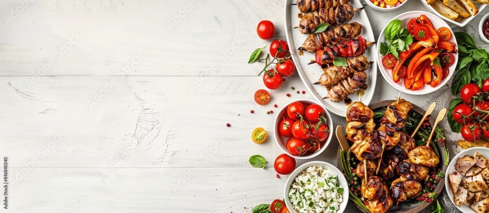 Exciting Summer BBQ or Picnic Food Display on a White Wood Background with Copy Space Exciting Summer BBQ or Picnic Food Display on a White Wood Background with Copy Space