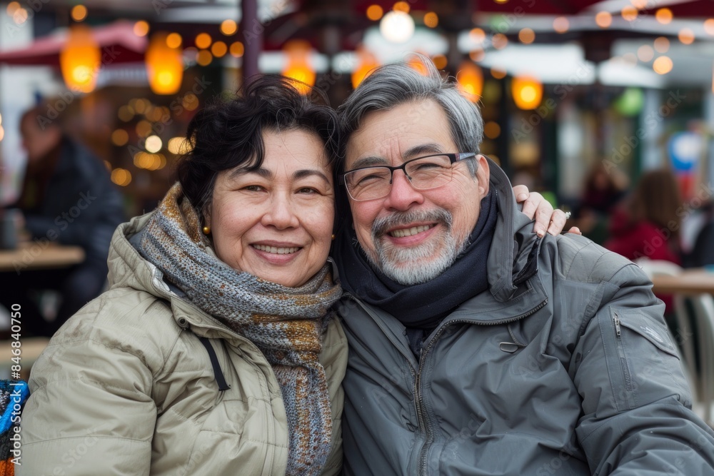 Portrait of a cheerful multiethnic couple in their 40s wearing a functional windbreaker in front of bustling restaurant background Portrait of a cheerful multiethnic couple in their 40s wearing a functional windbreaker in front of bustling restaurant background