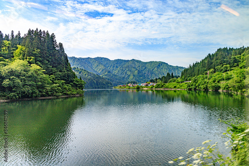 Beautiful Tadami River and Village in Oshi, Fukushima Japan photo