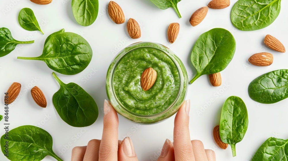 Green smoothie glass surrounded by almonds and spinach leaves, light backdrop, top view, photo-realistic detail Green smoothie glass surrounded by almonds and spinach leaves, light backdrop, top view, photo-realistic detail