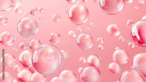 Collagen gel with bubbles drops, Anti aging moisturizing skincare product 3d objects on pink background