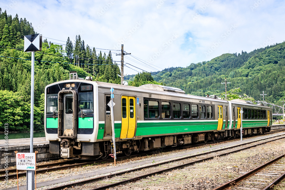 Railway Tracks and Scenic Mountain View in Fukushima Japan Railway Tracks and Scenic Mountain View in Fukushima Japan