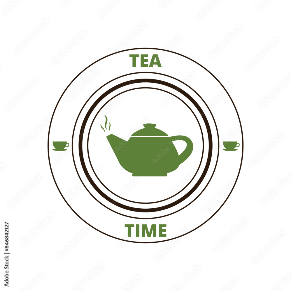 Cartel Hora del Té con una tetera en color verde. Vector