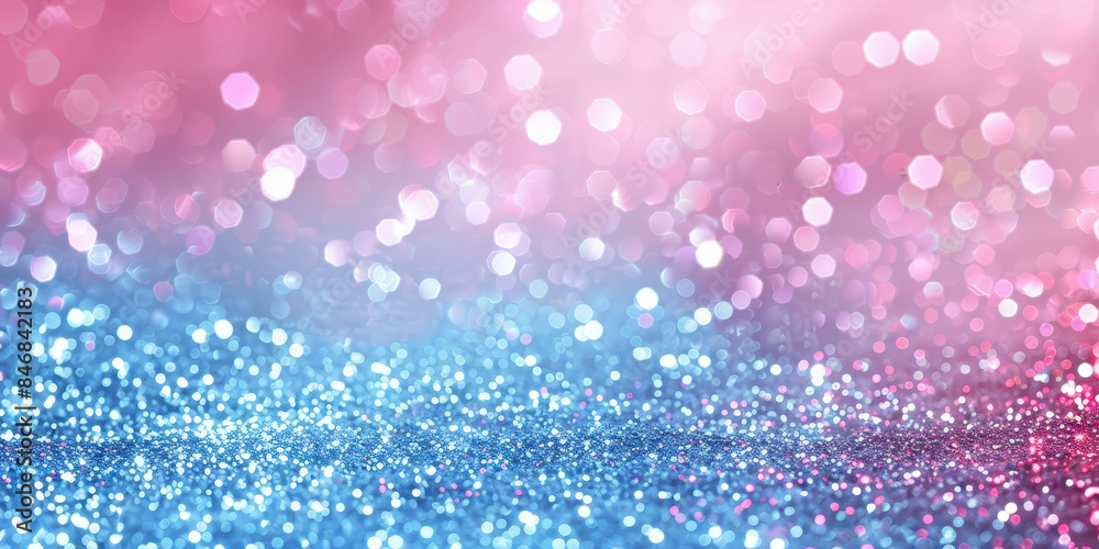 A vibrant sparkling pink and blue bokeh background with shimmering lights and glitter effects, ideal for festive events, celebrations, and glamorous designs..